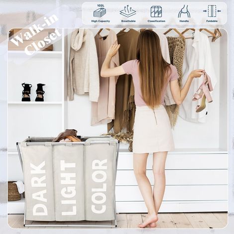 Wäschesortierer 3 Fächer 100L Oxford Stoff faltbar mit Griff Beige (1/5)
