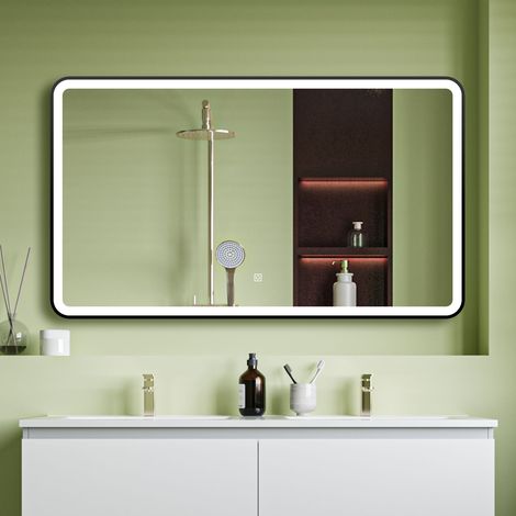 Black Framed LED Bathroom Mirror with Demister Brightness Adjustable White + Warm Lighting Memory - Rectangular 1200x700mm (1/5)