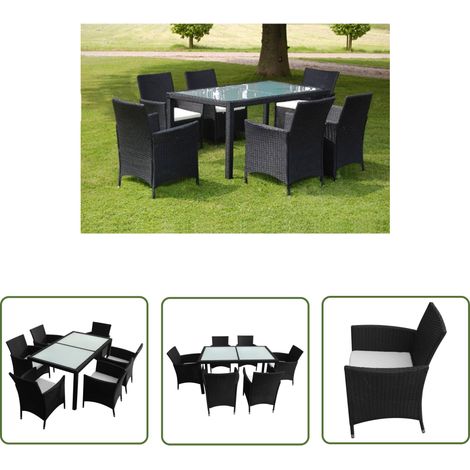 The Living Store 7-tlg. Garten-Essgruppe mit Auflagen Poly Rattan Schwarz - Gartenmöbelset - Esstisch - Rattan Gartenmöbel - Outdoor Möbel - Balkonmöbel (1/5)