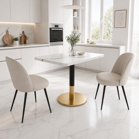 Table de cuisine compacte 2 places, modèle rectangulaire moderne avec plateau imitation marbre blanc et piètement métal noir à base dorée, 80x60 cm, pour salle à manger, bureau ou salle de réunion.