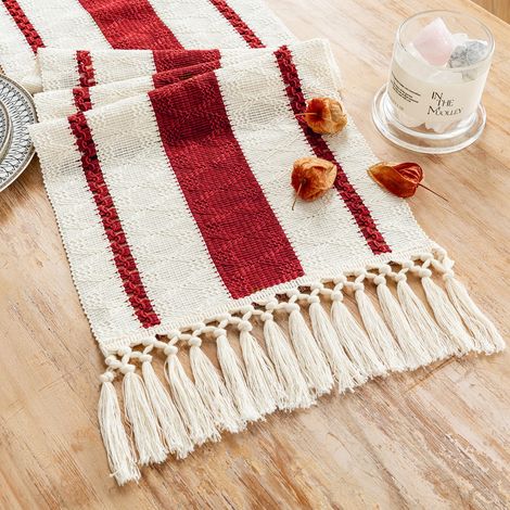 Lot de 2 chemins de table rouges vintage bohème, coton lin avec macramé et glands, 30x200 cm (1/5)