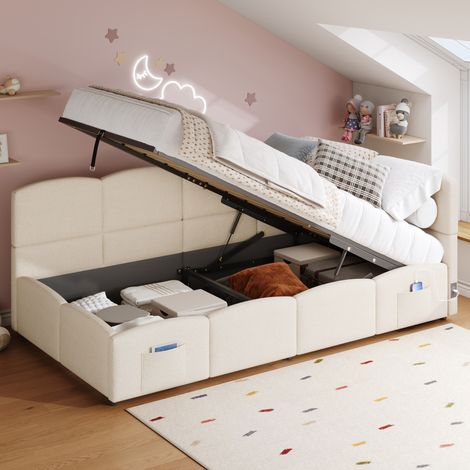 Lit simple capitonné moderne 90x200 cm bouclé beige avec coffre hydraulique et ports USB (1/5)