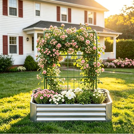 Bac potager surélevé 120x60x150 cm en métal argenté avec treillis, pour balcon – MEUBLIV (1/5)