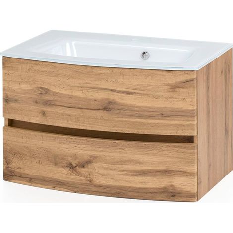 Badezimmer Einzelwaschtisch 80 cm Wotaneiche Nb. LAURIA-03 inkl. Glaswaschbecken weiß, BxHxT: ca. 80x53x49 cm (1/5)