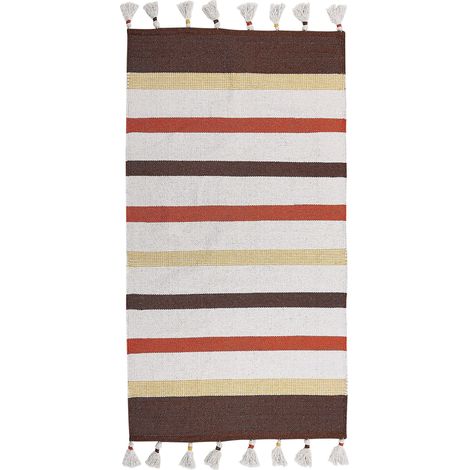 Tapis en Coton Brun et Beige 80 x 150 cm à Rayures à Pompons Bordure Marron Hisarli