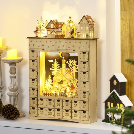 LED-Adventskalender in Form eines verschneiten Dorfes mit 24 Türchen, leuchtende Weihnachtsdekoration, Beige (1/5)