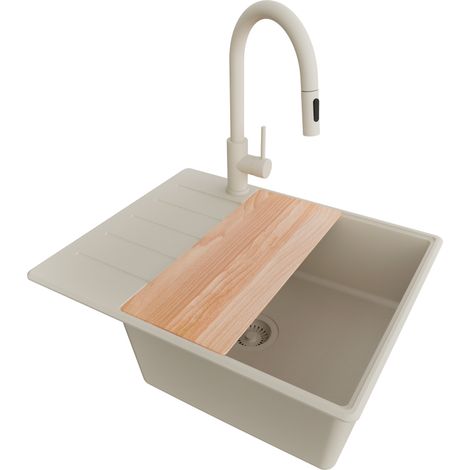 PRIMAGRAN Evier Cuisine en Granit 62x50cm, Lavabo 1 bac + Robinet 40x20cm + Kit de Vidage + Accessoire, Évier à Encastrer au meuble 50cm - Copenhague, Beige (1/5)