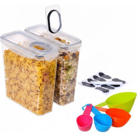 Relaxdays Vorratsdosen 2er Set, mit Deckel, luftdicht, Müslidose 3,7L, mit Dosierer & Etiketten, Kunststoff, transparent (1/5)
