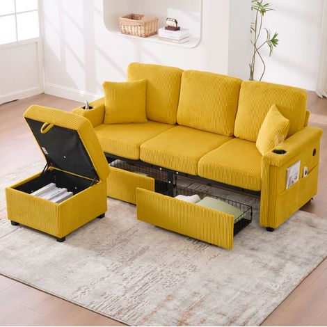 Sofá de pana amarillo mostaza 194 cm con LED, USB-C, almacenaje y cajones (1/5)