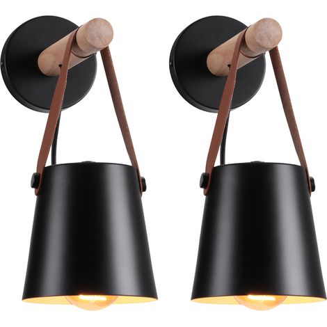 Lot de 2 Applique murale en bois naturel abat-jour suspendu ceinture e27 douille luminaire pour couloir chambre à coucher salon, noir (sans ampoule) (1/5)