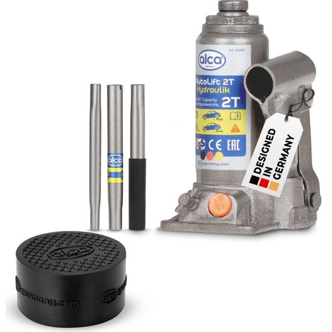 alca® Hydraulischer Wagenheber 2t I Auto Lift Set + Gummiauflage RubberPad S I Unterstellheber Set Hubhöhe 158–308 mm Anti-Rutsch robust & langlebig I Stempelwagenheber-Bundle (1/5)