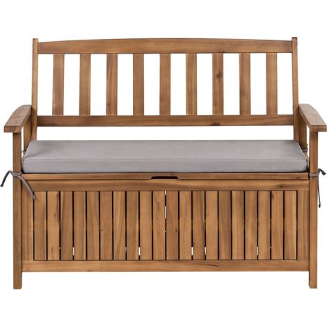 Outdoor Bench with Storage Brown Solid Acacia Wood Fabric 2 Seater 120 cm with Grey Cushion SOVANA (1/5)