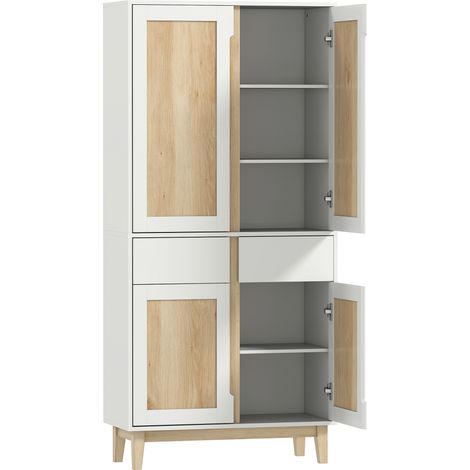 Buffet haut de cuisine, meuble de rangement avec 4 portes, 2 tiroirs et tablettes ajustables, 80x35x170cm, blanc et chêne (1/5)