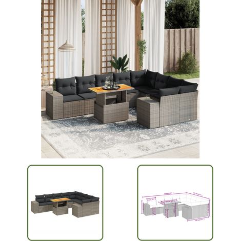 The Living Store 10-tlg. Garten-Sofagarnitur mit Kissen Grau Poly Rattan - Gartenmöbel Set - PE-Rattan Möbel - Outdoor Lounge - Gartenlounge - Terrassenmöbel (1/3)