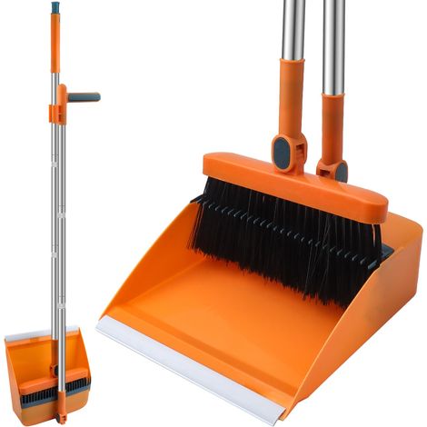 Cet ensemble pelle et balai à long manche est un outil de balayage polyvalent avec un balai rotatif coupe-vent et un long manche pour des solutions de nettoyage efficaces (orange) (1/5)