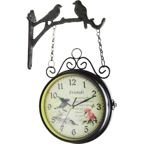 Horloge Murale Double Face Style Rural Européen Antique en Fer - Silencieuse, Design Noir - Pour Jardin, Couloir ou Extérieur - Ambiance Vintage (1/5)