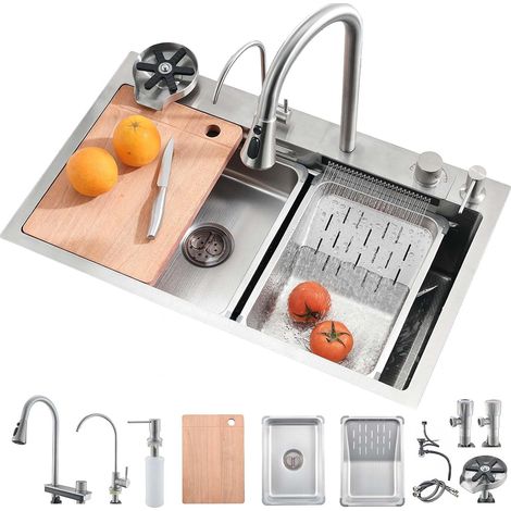 Évier de Cuisine, Cascade Multifonction, Evier de Cuisine à Comptoir Lavabo Acier Inoxydable avec Lave Verre (1/5)