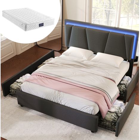 Lit avec rangement 140x200 cm en tissu gris, tête de lit réglable, LED, 4 tiroirs, sommier à lattes et matelas inclus (1/5)