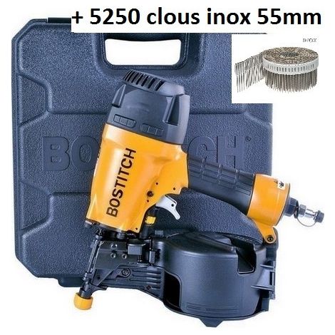 Bostitch – Cloueur pneumatique à rouleaux 2,5 x 55 mm – 5250 clous inox A4 – Réglage de profondeur – Pour bardage bois et PVC