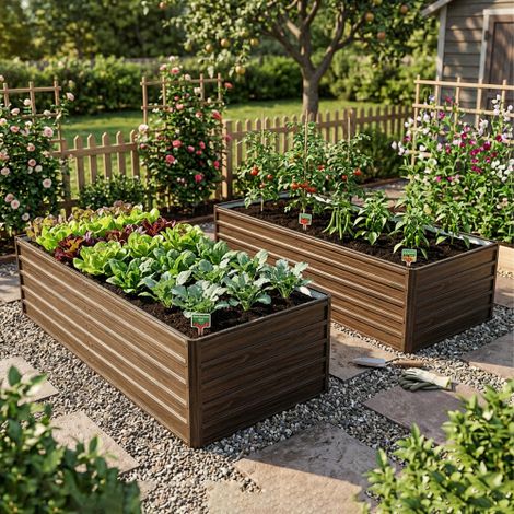 Grand lit de plantation surélevé en métal, 190×90×64 cm, base ouverte, set robuste en acier, résistant aux intempéries et à la rouille, idéal pour légumes, herbes, fleurs, patio – finition imitation b