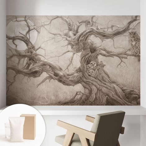 Papier peint intissé mural pour salon chambre à coucher tendance et originale - Colle incluse gratuite Oiseaux nocturnes 104x70 cm (1/5)