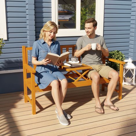 Banc jardin table Bois centrale accoudoirs rabattables brun clair 153x56x91 cm