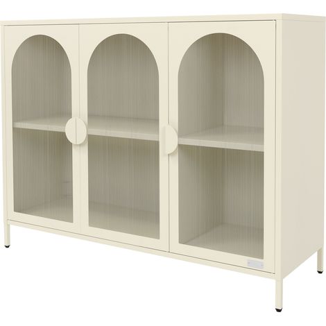 ML-Design Vetrina in Metallo Crema 120x93x40 cm, Credenza Industriale con 3 Ante e 4 Ripiani, Armadio in Acciaio con Piedini Regolabili in Altezza, Design Moderno per Soggiorno e Sala da Pranzo, Comò