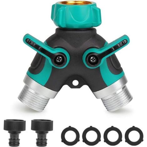 Distributeur à 2 voies Séparateur de Tuyau Y-Distributeur 3/4” Raccord Tuyau D'arrosage avec 2 Sorties Vannes 26,5 mm Débit D'eau Réglable et Verrouillable 2 Connecteurs et 4 Rondelles (1/4)