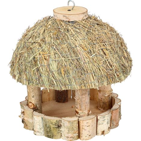 KOTARBAU® Mangeoire Oiseaux à Suspendre - Bois - ⌀ 28 cm - Naturel - Mangeoire Oiseaux Extérieur Bois - Toit en Roseau - Décoration Jardin - Mangeoire à Oiseaux Sauvages (1/5)