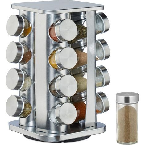relaxdays 10026459, Silver Carousel, 16 Glass Jars, Stainless Steel Spice Rack, Rotating 4 (1/5)