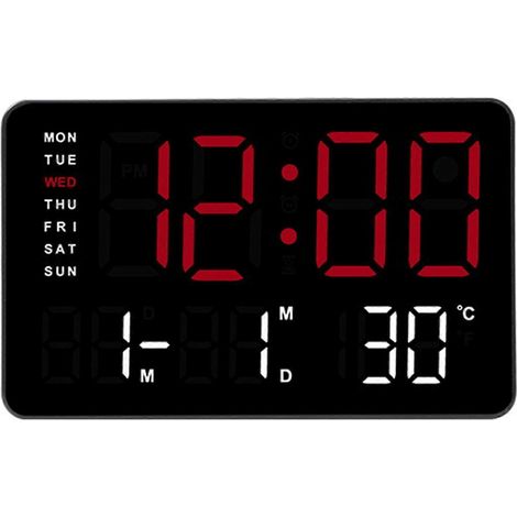 Horloge numérique LED de 10,5 pouces avec affichage de la température, alarme et réglage de la luminosité multifonctionnelle et adaptée à une utilisation à domicile et au bureau boîtier noir clair. (1/5)