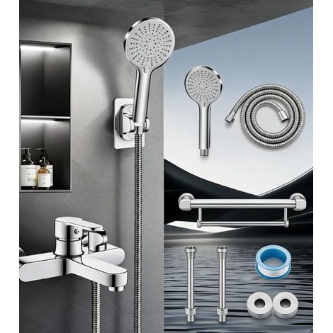 Robinet de baignoire avec douchette à main, mitigeur mural en laiton, pommeau de douche 3 fonctions, mitigeur de baignoire, système de douche, 150 mm (1/5)
