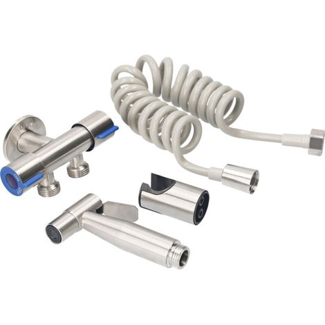 Douchette bidet portable toilette, tuyau télescopique 1.5m, base murale vanne double connexion, inox, pression réglable, pour couches lavables lavage animaux (1/5)