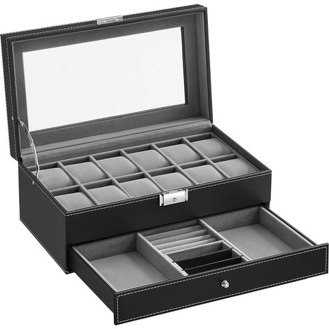 Estuche de joyas Valora con 12 compartimentos, cajón negro elegante (1/5)