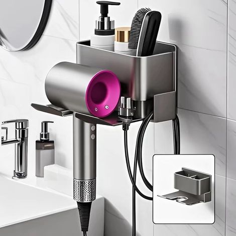 Soporte de pared gris para secador de pelo, sin necesidad de taladrar, con sistema de gestión de cables, diseñado para hoteles y baños. (1/5)