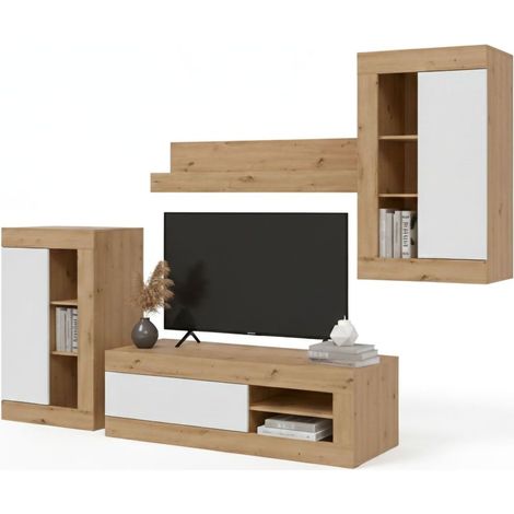 Dmora Paroi aménagée Oakland, Meuble télé pour le salon, Composition salon avec 3 éléments hauts et 1 étagère, cm 270x35h113, Chêne et Blanc