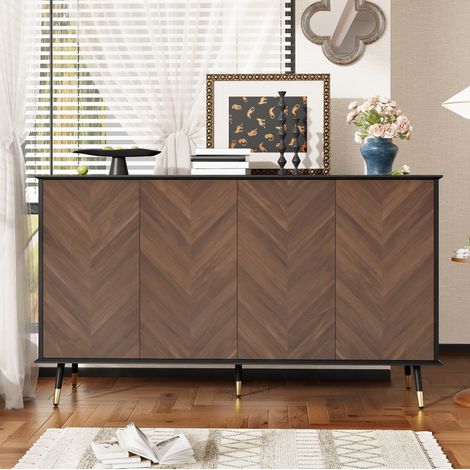 Buffet 4 portes 140 x 40 x 80 cm avec étagères réglables, motif chevrons en MDF noir et brun HAVRYA (1/5)