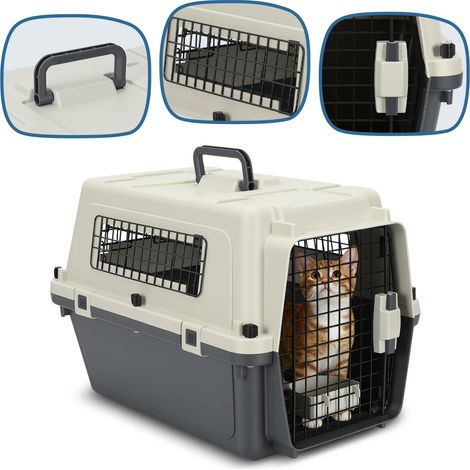 Jiubiaz Tiertransportbox für Hund und Katze, 60.4 x 42 x 39.8 cm, ohne Rollen, Metallgittertür, Schale und 1 Napf, PP-Kunststoff (1/5)