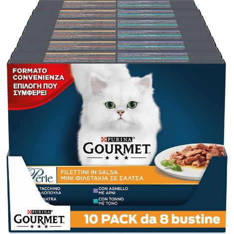 Purina Gourmet Perle Umido Gatto Filettini In Salsa Con Tacchino, Tonno, Anatra, Agnello - 80 buste da 85 g ciascuna (Confezione da 80 x 85 g) (1/5)