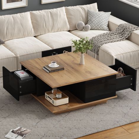 Table basse 70 x 70 x 31,5 cm avec 3 tiroirs, table basse géométrique, table de salon laquée brillante, table d'appoint, idéale pour les petits espaces, finition noire et bois naturel. (1/4)