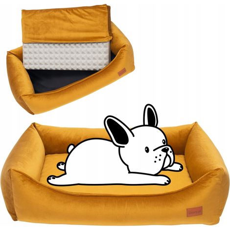 Divano ortopedico per cagnolini di piccola taglia, 70x55x18cm, velluto Ukory, colore giallo. (1/5)