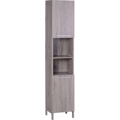 Meuble Colonne Rangement Salle de Bain dim. 30L x 32l x 172H cm 2 placards avec étagère + 2 niches MDF Imitation Bois Gris (1/5)