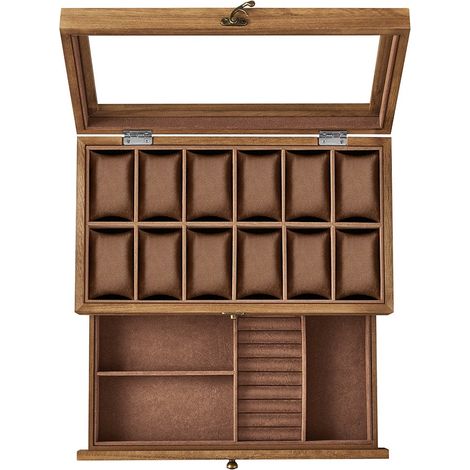 Boîte à montres 8 emplacements écrin à montres en bois avec couvercle en verre coussinets pour montres doublure en velours coffre à bijoux marron (1/5)