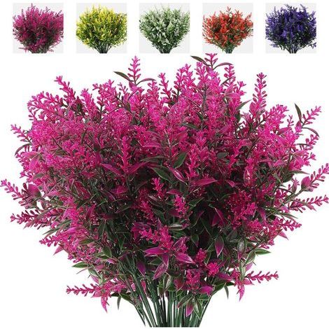 8 bouquets de fleurs artificielles, fausses plantes d'extérieur, fleurs artificielles de lavande anti-ultraviolets, arbustes en plastique, ornements d'intérieur et d'extérieur (violet) (1/5)