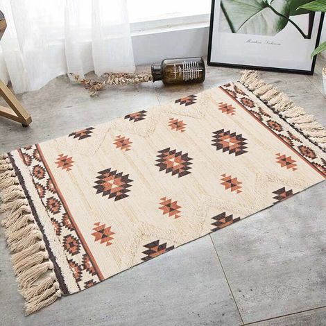 VURAHOME -Tapis turc en coton naturel pour chambre à coucher, 60 x 90 cm, imprimé jaune et gris, lavable en machine, petit tapis avec pompon touffeté, tapis pour salon, cuisine, couloir, porte (1/5)