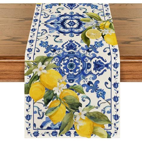 Tischläufer, mediterranes Zitronen-Sommer-Tischläufer, blau-weiß-gelb, moderner Gartentisch, waschbares Polyester, Frühlingsdekor für den Außenbereich, Küche (1/5)