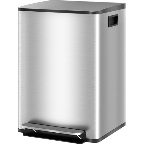 Poubelle cuisine 2 compartiments 2x20L, pédale, inox, couvercle fermeture douce