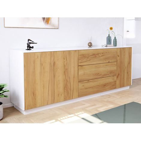 Sideboard Silia B stehend 200cm 3 Türen 3 Pushauszüge Weiß Hgl Eiche