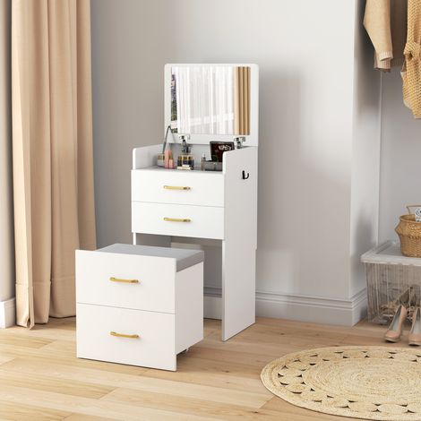Coiffeuse avec miroir et tabouret, 3 en 1, 3 tiroirs, plateau en verre, coussin, 48 x 40 x 90 cm, blanche (1/5)