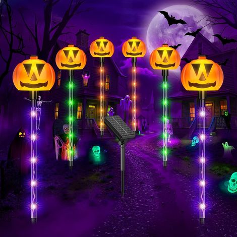 Lot de 6 lampes solaires en forme de citrouille – 8 modes, 84 LED colorées étanches, décoration d'Halloween pour jardin, cour et cimetière de fête (1/5)